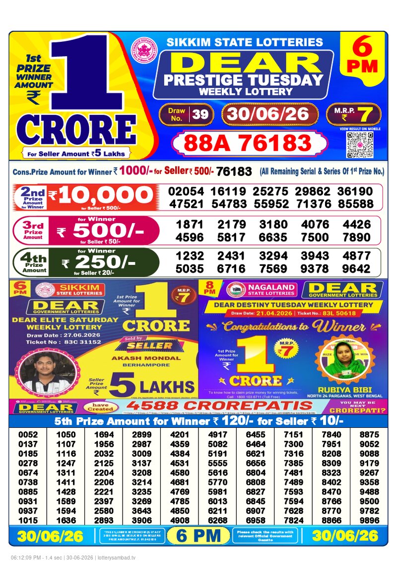 Lottery Sambad Today (30 June, 2026) Dear Lottery Result 1 PM 6 PM 8 PM